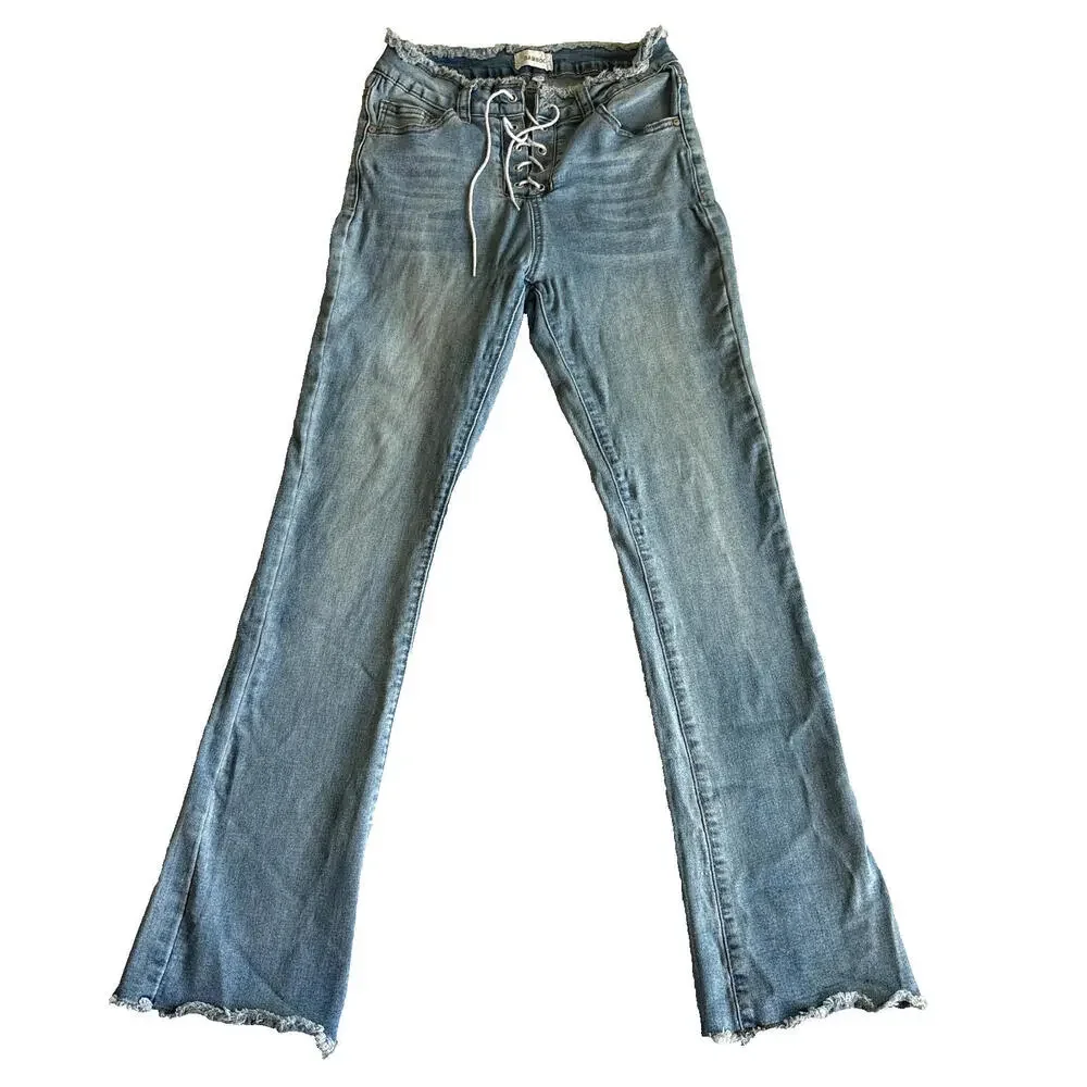 Bamboo Womens Size 9 Lace Up Flare Jeans Frayed Hem Y2K Vintage Denim Streetwear - Picture 1 of 8